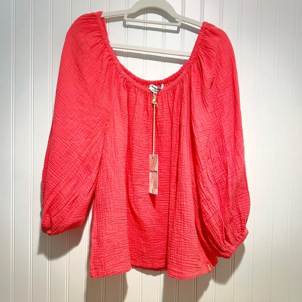 Tommy Bahama Coral Pink Peasant Blouse with Billowy Sleeves